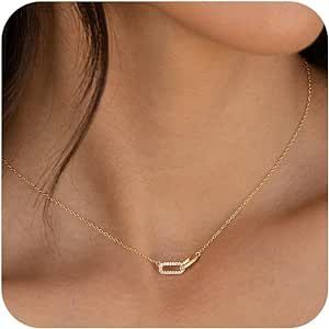 Freekiss Gold Pendant Necklace for Women, Dainty Diamond Necklaces for Women Simple 14K Gold Plated Paperclip Choker Necklaces Cute Minimalist Open Oval Necklaces Gold Jewelry for Women Girls Gifts