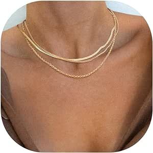 Freekiss Herringbone Necklace for Women,Dainty Gold Necklace,14k Gold Plated Snake,Gold Chain Choker Necklaces,Simple Gold Layered Necklaces,Gold Jewelry Gift for Women