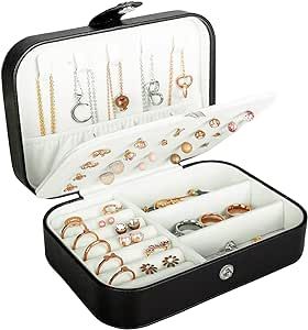 Travel Jewelry Box, PU Leather Small Jewelry Organizer for Women Girls, Double Layer Portable Mini Travel Case Display Storage Holder Boxes for Stud Earrings, Rings, Necklaces, Bracelets (Black)