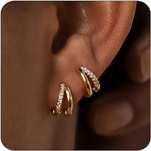 MUMREUES Gold Small Hoop Earrings for Women Trendy Dainty 14K Gold Huggie Hoop Earrings Simple Double Hoop Earrings Hypoallergenic Lightweight Earrings for Girls Gifts Gold Jewelry