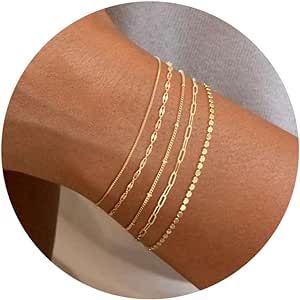 MBW Gold Bracelets for Women, 14K Dainty Gold Plated Stackable Bracelets for Women Trendy Gold Bracelet Stack Set Waterproof Chain Bracelets Paperclip Adjustable Tennis Minimalist Tiny Cute Jewelry