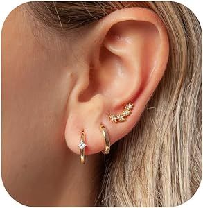 Stud Earrings for Women Dainty Gold Earrings|14k Gold Cartilage Earring Hypoallergenic|Flat Back Earring Set for Multiple Piercing Small Hoop Earrings Gift for Her