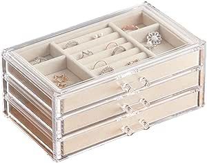 HerFav Acrylic Jewelry Organizer Box with 3 Drawers, Clear Jewelry Boxes for Women Earring Rings Bangle Bracelet and Necklace Holder Storage Velvet Jewelry Display Case
