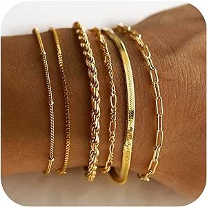 DEARMAY Gold Bracelets for Women Waterproof, 14K Real Gold Plated Jewelry Sets for Women Trendy Thin Dainty Stackable Cuban Link Paperclip Chain Bracelet Pack Fashion Accessories Gifts for Women Girls