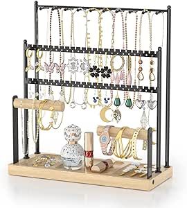 Amawarm Jewelry Holder Organizer, 13.38" Jewelry Organizer with Wooden Tray, 5-Tier Metal Jewelry Stand with 20 Necklace Hooks; 46 Earring Holes; 2 Bracelet Holders and Ring Tray, Black
