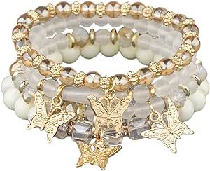 4Pcs Set Bohemian Butterfly Crystal Stone Stretch Pendant Bracelets for Women Girls Gold Beaded Stackable Stretch Bracelet Colorful Charm Jewelry Boho Summer Beach