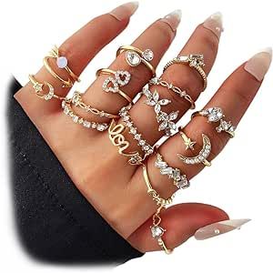 17IF Gold Boho Sparkle Knuckle Rings Set For Women Girl, Vintage Fashion Aesthetic Trendy Joint Snake Ring Pack, Retro Pink Rhinestone Assorted Moon Star Crystal Love Leaf Diamond Pearl Jewelry