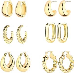 6 Pairs 14K Gold Hoop Earrings for Women Lightweight Chunky Hoop Earrings Multipack Hypoallergenic, Thick Open Twisted Huggie Hoops Earring Set Jewelry for Gifts.