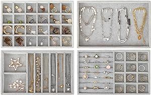 Fixwal 9in Set of 4 Jewelry Organizer, Jewelry Trays for Drawers, Stackable, Divided, and Perfect for Rings, Necklaces, Bracelets, Earrings, Grey