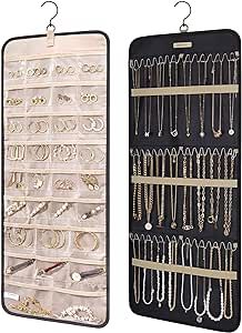 BAGSMART Hanging Jewelry Organizer Storage Roll with Hanger Metal Hooks Double-Sided Jewelry Holder for Earrings, Necklaces, Rings on Closet, Wall, Door, 1 piece, Large, Black