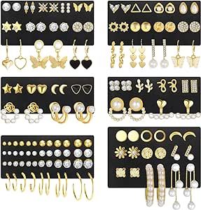 68 Pairs Gold Stud Earrings for Women Multipack, Hypoallergenic Assorted Girls Earring Set Multiple Piercings,Cubic Zirconia Pearl Butterfly Stud Hoop Earring Pack